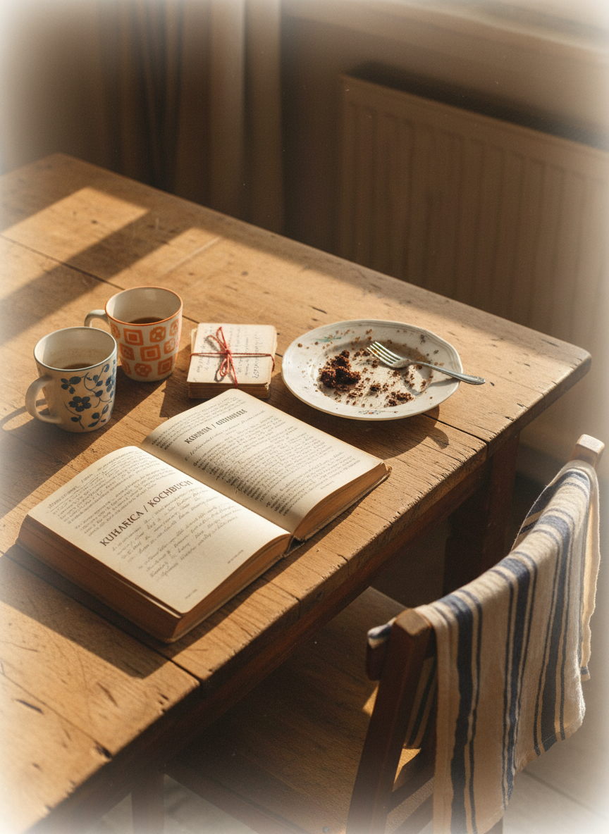 A warmly lit wooden kitchen table scattered with everyday objects: an open bilingual cookbook with pages in Serbian and German, a slightly messy plate with crumbs from a shared cake, two mismatched ceramic mugs with whimsical patterns, and a small stack of recipe cards tied with red string. A striped dish towel hangs over the back of a nearby chair. Golden hour sunlight streams through an unseen window, casting long, soft shadows and a cozy glow over the scene. Photographic realism, shot from a slightly elevated angle with a gentle vignette around the edges. The atmosphere is homey, playful, and nostalgic, suggesting family stories traded over food and laughter.