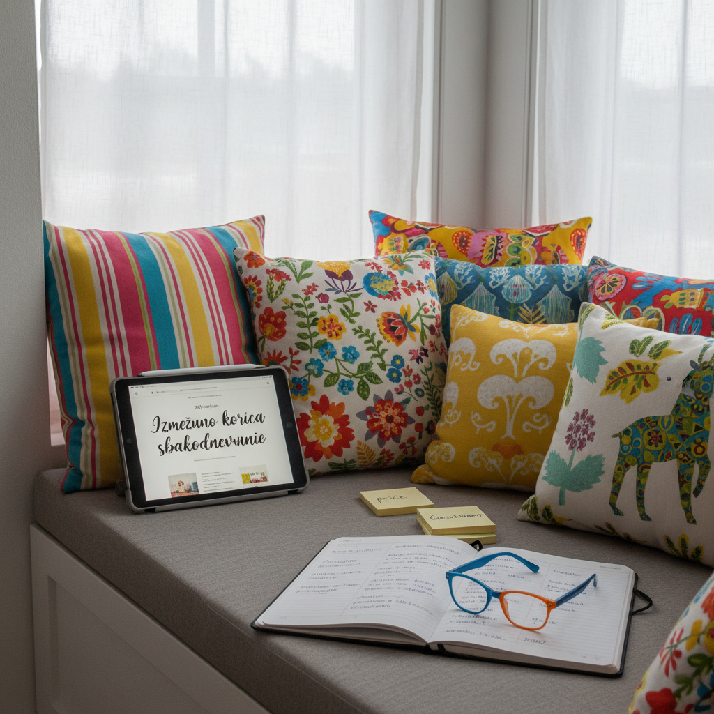 A comfortable reading nook by a window, built into a white-painted wall, its cushioned bench overflowing with patterned pillows in bright, playful colors. On the seat, a tablet displays a blog page titled “Između korica svakodnevnice,” surrounded by an open notebook with bilingual notes, a pair of quirky, colorful reading glasses, and a small stack of sticky notes labeled “priče” and “Geschichten.” Soft overcast daylight filters through sheer curtains, creating even, diffused lighting with minimal shadows. Photographic realism, shot at eye level using rule-of-thirds composition, with the window on one side and the tablet on the other. The mood is creative and inviting, perfectly suited to a family story blog written in two languages.