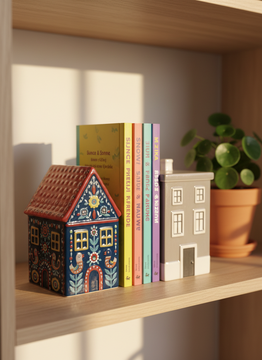 A pair of ceramic bookend houses, one painted with traditional Serbian folk patterns and the other with simple German minimalist designs, holding up a row of bilingual children’s books on a light wooden shelf. The book spines display playful titles in both Serbian and German, in bright, cheerful colors. A small potted plant with round, glossy leaves adds a fresh touch at the edge of the frame. Soft morning light from a nearby window casts delicate highlights on the glazed ceramics and faint shadows behind the books. Photographic realism, captured from a slightly low angle, shallow depth of field keeping the central bookends sharp. The atmosphere is warm, whimsical, and family-oriented, symbolizing two cultures living side by side in everyday life.