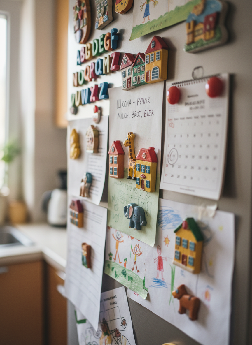 A close-up of a refrigerator door covered in overlapping colorful magnets shaped like tiny houses, animals, and letters, holding handwritten notes and children’s drawings in both Serbian and German. The paper edges curl slightly, showing texture and use, and a small calendar is circled with family events and birthdays. Soft, cool kitchen light from above mixes with diffused daylight from a nearby window, creating gentle highlights on the glossy magnet surfaces. Photographic realism, shot at a slight diagonal angle with shallow depth of field so only the central magnets are in sharp focus. The mood is playful and intimate, conveying the bustle of family life and everyday stories quietly unfolding in the background.